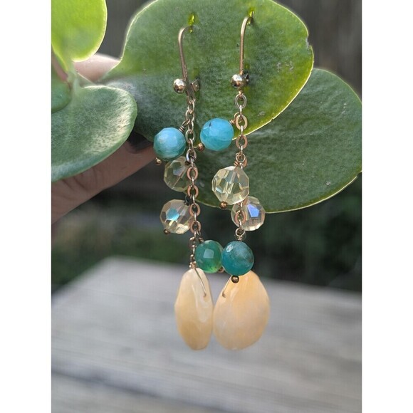 Vintage Chalcedony Green Stone Dangle Earrings - Picture 2 of 10